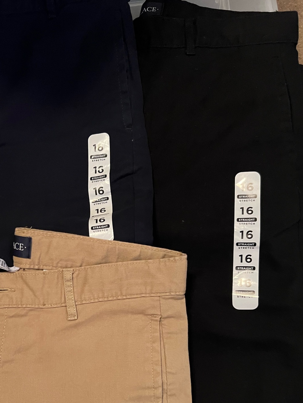 3 Pair Boys Flat Front Pants SZ 16- Black & Navy Blue- New Khaki worn Once